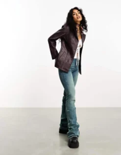 Suits & Tailoring*Reclaimed Vintage 90'S Distressed Faux Leather Blazer Coat In Plum