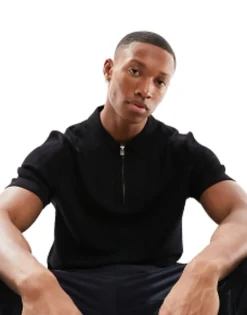 Polo Shirts*Selected Homme Knitted Half Zip Polo In Black