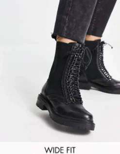 Chelsea Boots*Simply Be Wide Fit Leather Pull On Chelsea Flat Ankle Boots With Cleated Sole In Black