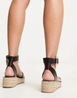 Flat Sandals*South Beach Pu Two Part Espadrille Sandal With Textured Buckle In Chocolate