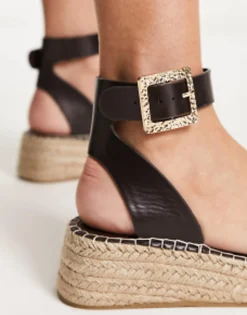 Flat Sandals*South Beach Pu Two Part Espadrille Sandal With Textured Buckle In Chocolate
