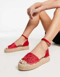 Flat Sandals*South Beach Woven Flatform Espadrille Sandal In Red