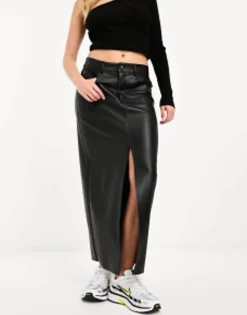 Skirts*Stradivarius Coated Denim Midi Skirt In Black