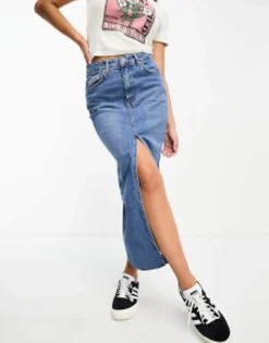Skirts*Stradivarius Denim Midi Skirt With Front Split In Midwash Blue
