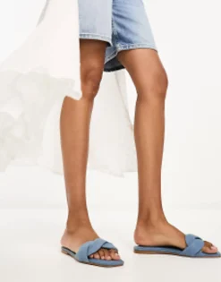 Flat Sandals*Stradivarius Denim Twist Strap Sandal In Mid Blue Medium Blue
