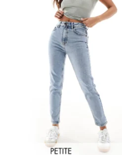 Petite*Stradivarius Petite Slim Mom Jean With Stretch In Washed Blue