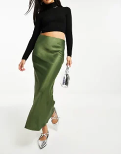 Skirts*Stradivarius Satin Midi Slip Skirt In Khaki