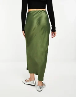 Skirts*Stradivarius Satin Midi Slip Skirt In Khaki