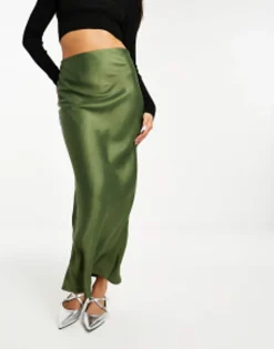 Skirts*Stradivarius Satin Midi Slip Skirt In Khaki