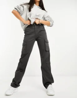 Trousers & Leggings*Stradivarius Straight Leg Cargo Trouser With Adjustable Waist In Charcoal