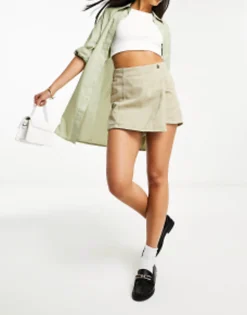 Shorts*Stradivarius Twill Wrap Skort In Soft Khaki Stone