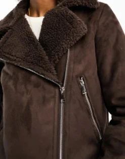 Tall*Threadbare Tall Betsy Suedette Aviator Jacket With Borg Trims In Chocolate Brown