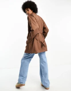 Tall*Threadbare Tall Lou Short Belted Trench Coat In Brown