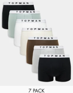 Underwear*Topman 7 Pack Trunks In Black, White, Grey Marl And Neutrals Multi