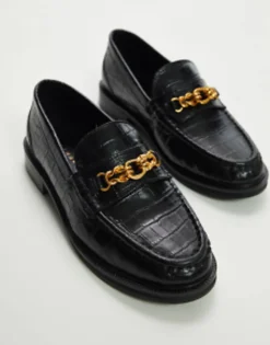Loafers*Topshop Clara Leather Flat Loafer With Chain In Croc Black