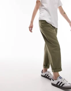 Petite*Topshop Petite Button Tab Peg Trouser In Khaki