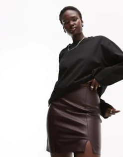 Tall*Topshop Tall Leather Look Split Detail Mini Skirt In Oxblood