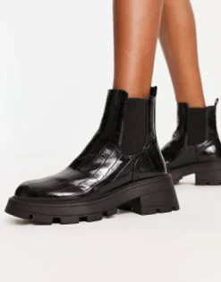 Chelsea Boots*Topshop Wide Fit Bella Chunky Chelsea Boot In Croc Black