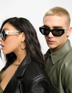 Sunglasses*Versace Rectangle Sunglasses With Gold Detail In Black