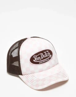 Caps*Von Dutch Tampa Trucker Cap In Checkerboard Print - Exclusive To Asos Pink